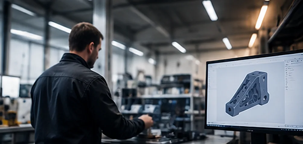 Ingeniør ved en arbeidsstasjon med en CAD-modell av en brakett på skjermen