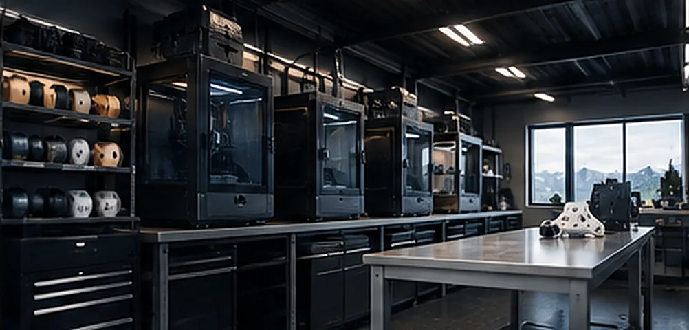 Lyst verksted med lukkede 3D-printere, materialhyller og arbeidsbenk ved store vinduer