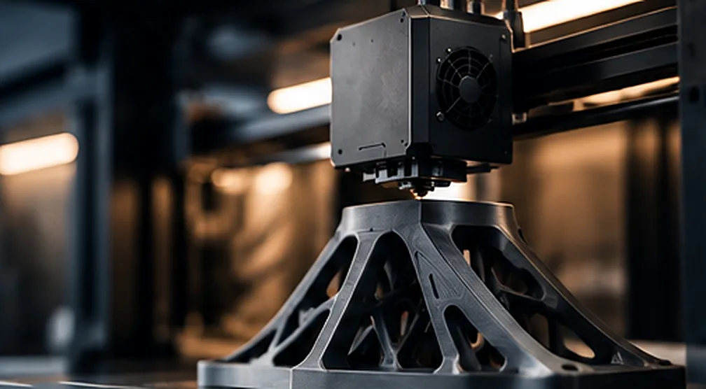 En topologioptimert brakett printes i sort, fiberforsterket materiale
